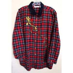 Dress Barn 22/24 Red Plaid Long Sleeve Velvet Collar Embroidery Top Holiday